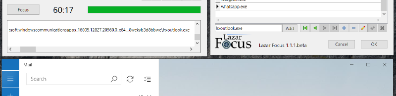 Where UWP apps used to show up as applicationframehost.exe, Lazar Focus can now find and block their true EXE names. Microsoft Mail shown in this example.